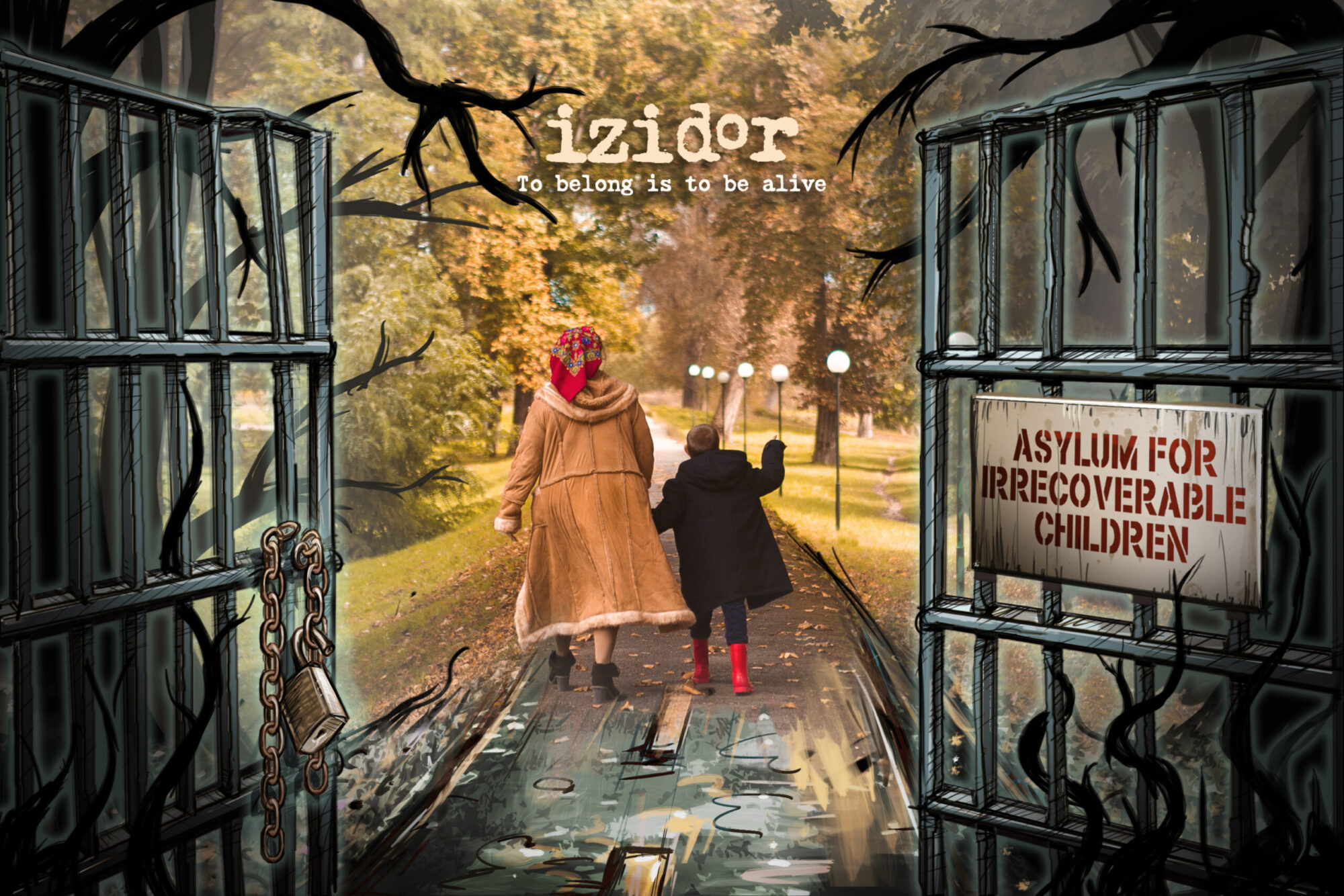 A woman and limping little boy exit through an animated, scary metal gate with the words aslyum for irrecoverable children, and out into a beautiful, tree-lined path