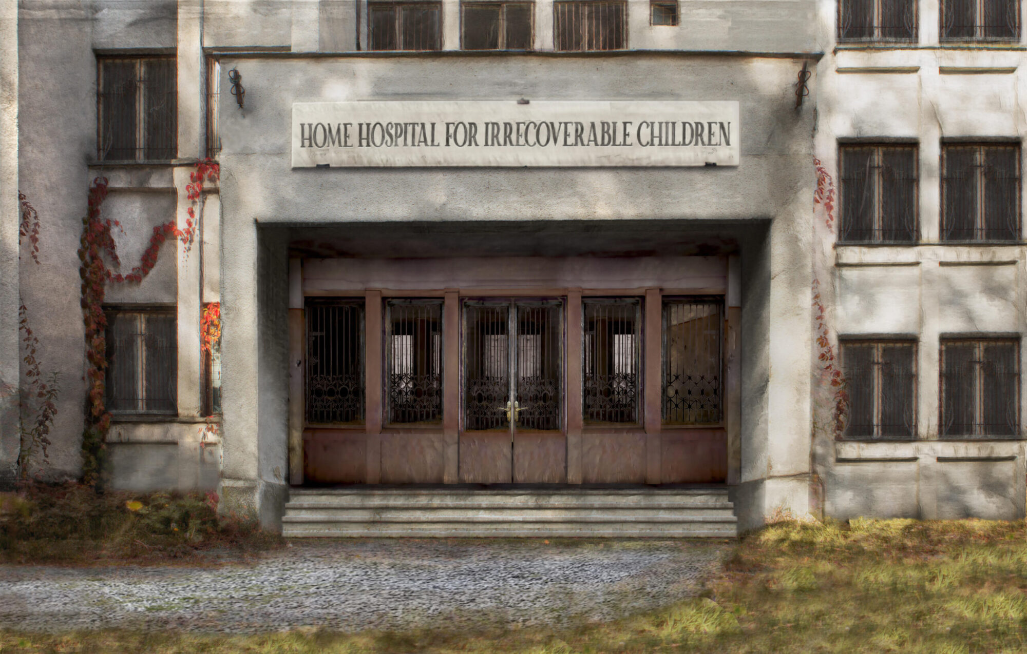 Above a dilapidated building's huge entrance hangs a sign that reads "Home Hospital for Irrecoverable Chidlren".