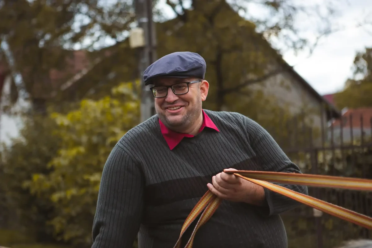 Smiling man on horse cart