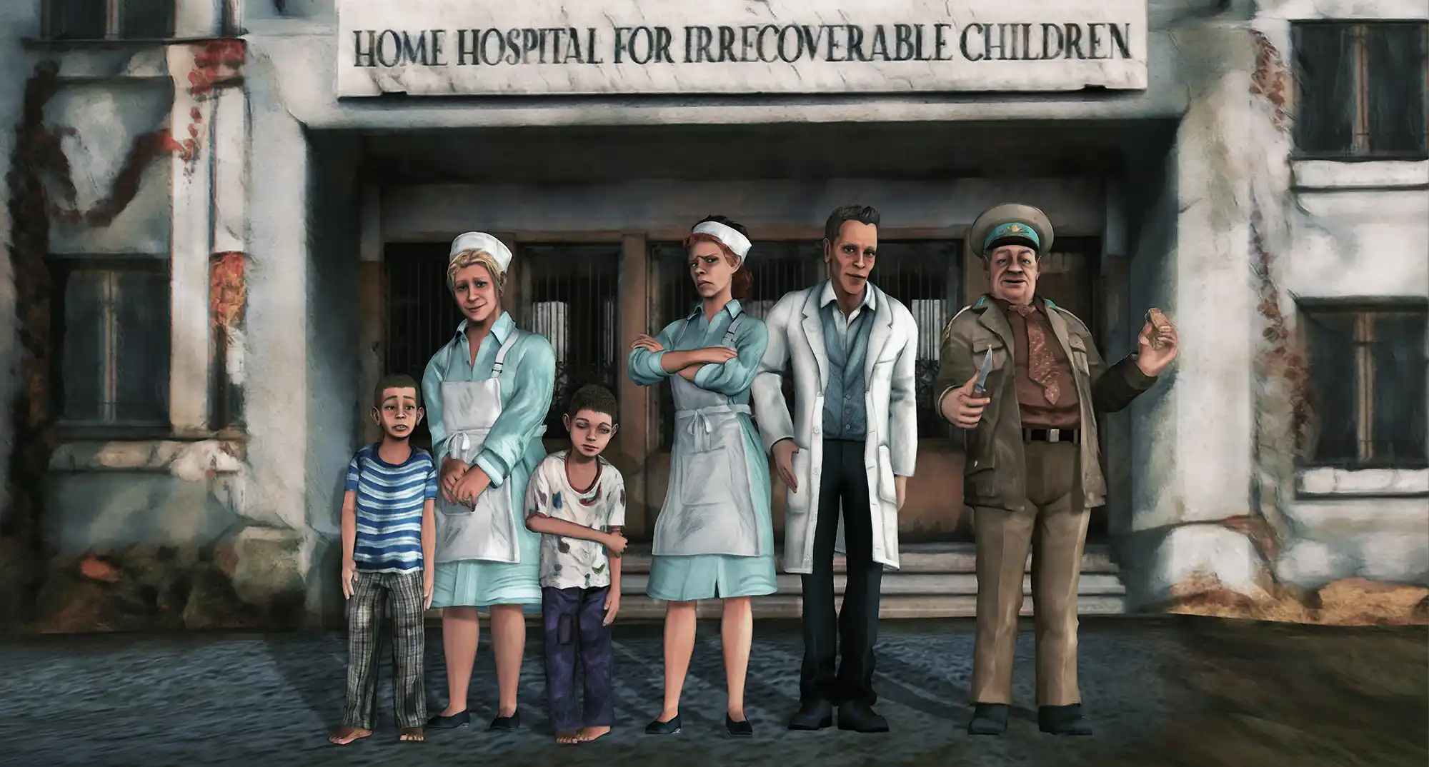 Animated character lineup outside the Home Hospital