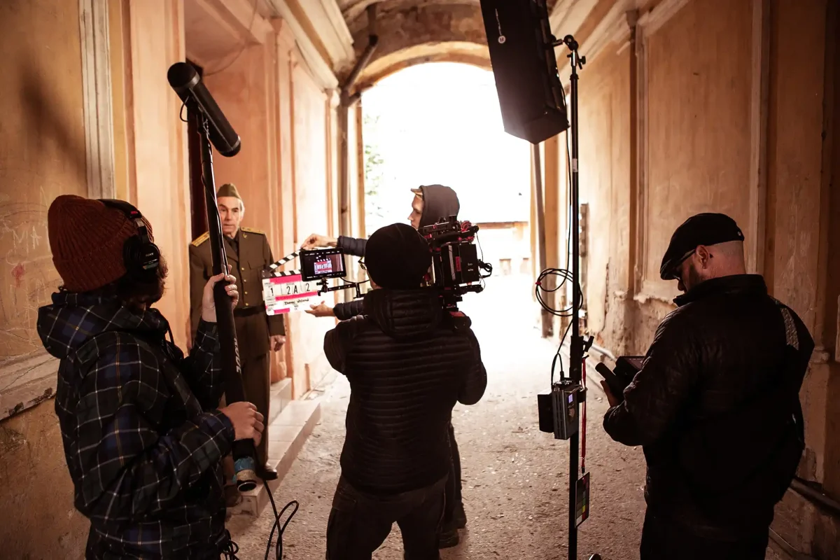 Crew filming a location scene