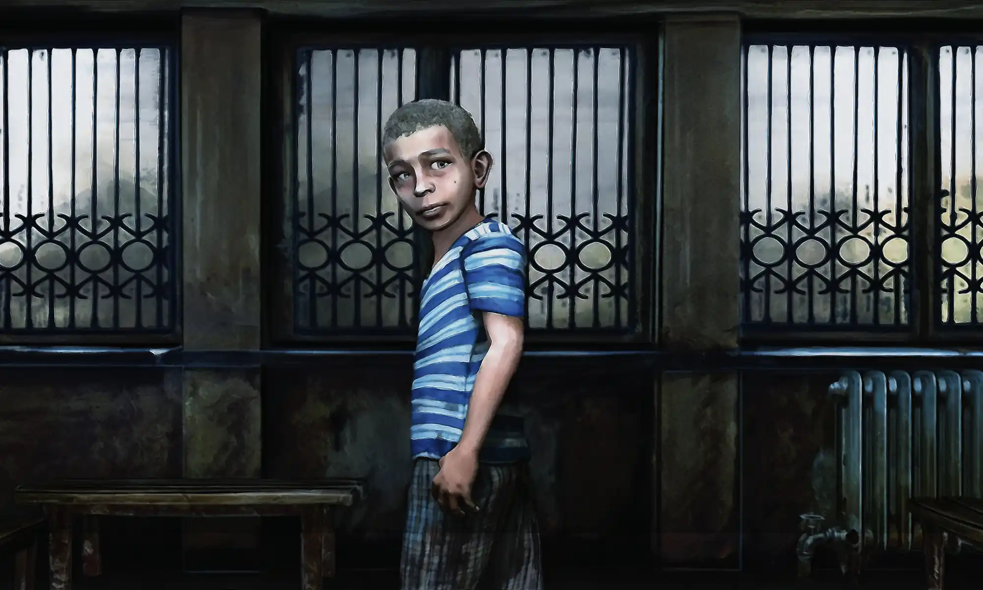 Animated young Izidor in orphanage