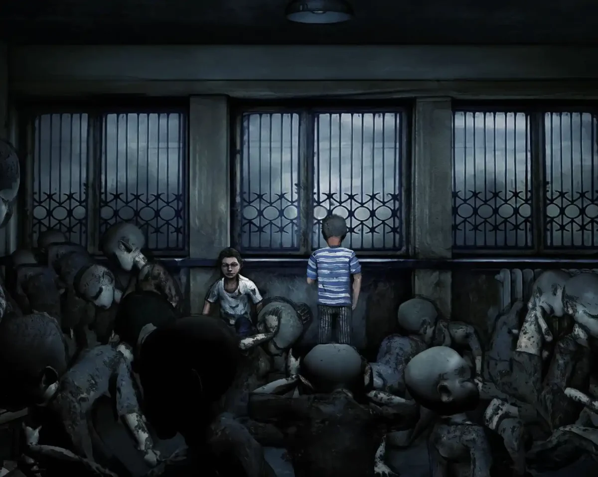 animated frame of Izidor at window at crowded orphanage