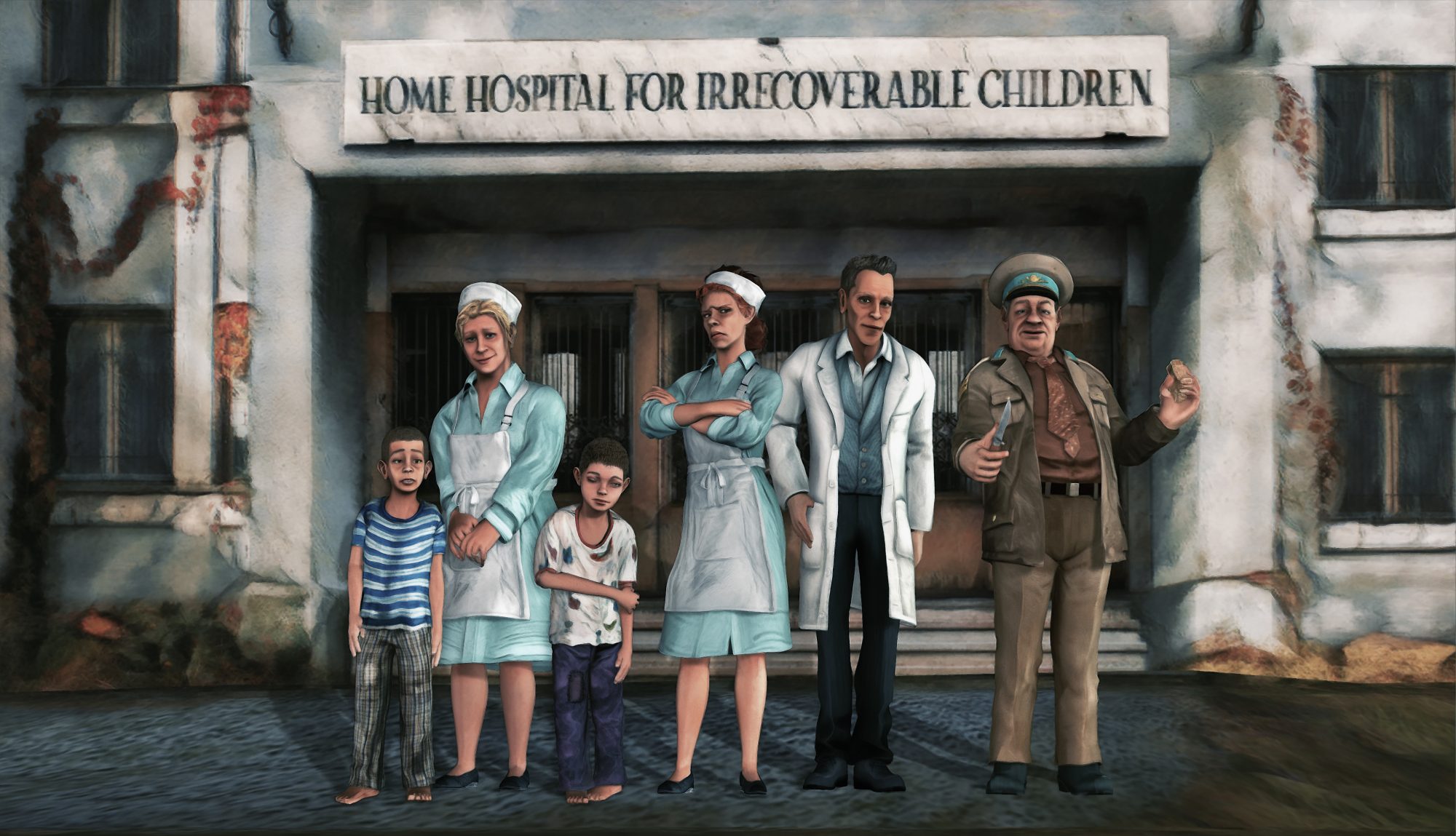 Six animated characters stand in front of a dreary institution with the name "Home Hospital for Irrecoverable Children." The people include a little boy and girl, a kind-loooking nanny, a mean-looking nanny, a stoic doctor and a grandfather-like security guard.